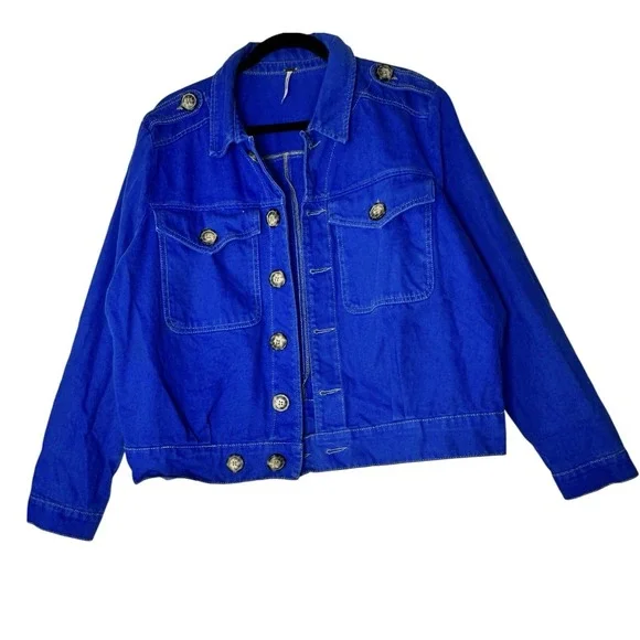 Free People Jacket Women's Large Blue Slouchy Denim Button Classic - Picture 2 of 10